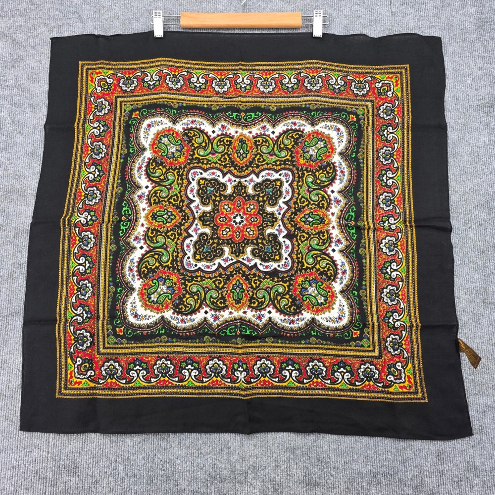 Vintage 100% Pure Virgin Wool Paisley Floral Square Scarf Black Made in Japan